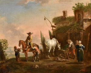 La sosta di un cavaliere, Simon Johannes van Douw (Anversa 1630 circa - 1677 circa) seguace di