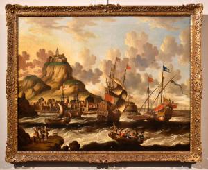 Veduta costiera con vascelli e castello arroccato, Peter Van Der Velde (Anversa 1634 - c.1714) - Monogrammato