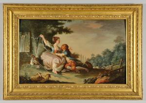 Scena romantica, olio su tavola in cornice intagliata e dorata – Francia fine secolo XVIII